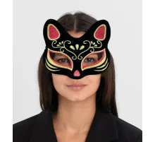 Siyah Renk Süet Kaplama Üzeri Kırmızı Sarı Simli Kedi Maskesi 17x14 cm