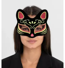 Siyah Renk Süet Kaplama Üzeri Kırmızı Sarı Simli Kedi Maskesi 17x14 cm
