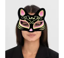 Siyah Renk Süet Kaplama Üzeri Pembe Sarı Simli Kedi Maskesi 17x14 cm