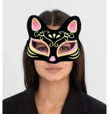 Siyah Renk Süet Kaplama Üzeri Pembe Sarı Simli Kedi Maskesi 17x14 cm