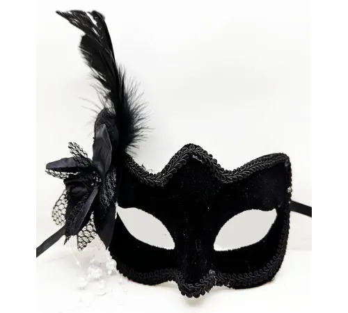 Siyah Renk Yandan Tüylü Süet Kaplama Lüks Parti Maskesi 20x23 cm