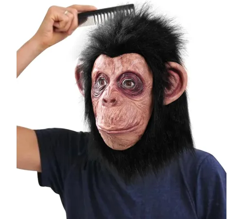 Siyah Saçlı Kafaya Tam Geçmeli Lateks Şempanze Maskesi - Lateks Maymun Orangutan Goril Maske Et Maske