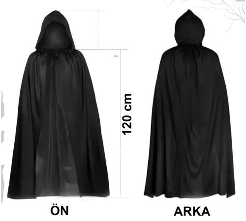 Siyah Uzun Pelerin 120 cm Kapüşonlu – Cosplay ve Parti Kostümü