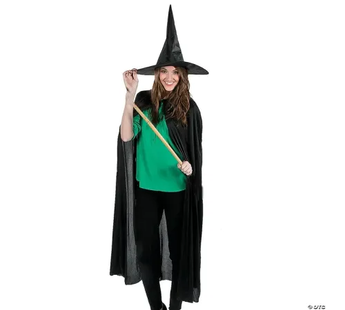 Siyah Yakalı 120 cm Yetişkin Pelerin ve Siyah Parlak Cadı Şapkası