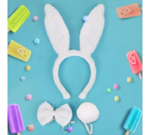 Tavşan Kostüm Seti Taç Papyon Kuyruk Beyaz Renk