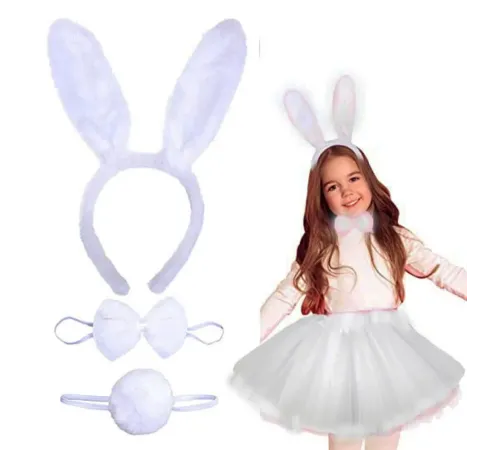 Tavşan Tacı Eteği Papyonu ve Kuyruk Kostüm Seti Beyaz Renk Çocuk Boy