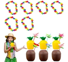 Tropikal Hawaii Parti Malzemeleri – Kolye, Pipet, Bardak Seti