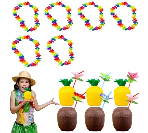 Tropikal Hawaii Parti Malzemeleri – Kolye, Pipet, Bardak Seti