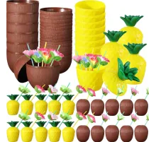 Tropikal Parti Bardak Seti – Ananas ve Hindistan Cevizi Şekilli Pipetli Bardaklar (20 Adet)