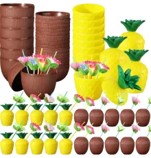 Tropikal Parti Bardak Seti – Ananas ve Hindistan Cevizi Şekilli Pipetli Bardaklar (20 Adet)