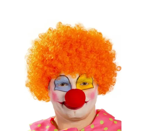 Turuncu Renk Kıvırcık Afro Bonus Peruk Takma Saç ve Kırmızı Burun Seti