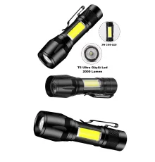 Ultra Çift Yönlü Güçlü Pilli Led El Feneri 2000 Lümen 6W Cob Led Su Geçirmez Zoomlu 3 Modlu