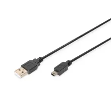 Digitus USB 2.0 Bağlantı Kablosu, USB A Erkek - USB mini B (5 pin) Erkek, 1 metre, AWG 28, USB 2.0 uyumlu, UL, siyah renk