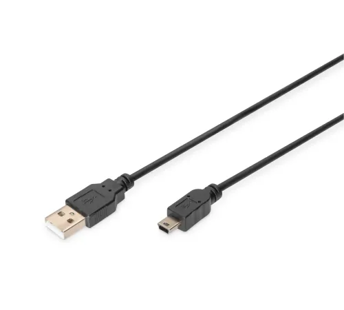 Digitus USB 2.0 Bağlantı Kablosu, USB A Erkek - USB mini B (5 pin) Erkek, 1 metre, AWG 28, USB 2.0 uyumlu, UL, siyah renk