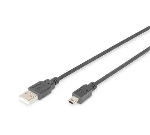 Digitus USB 2.0 Bağlantı Kablosu, USB A Erkek - USB mini B (5 pin) Erkek, 1 metre, AWG 28, USB 2.0 uyumlu, UL, siyah renk