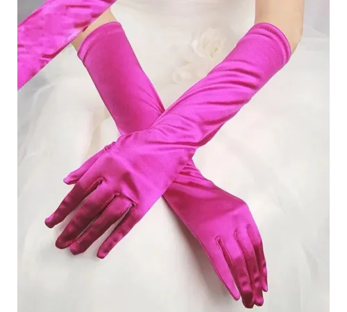 Uzun Boy Ekstra Parlak Saten Eldiven Fuşya Renk