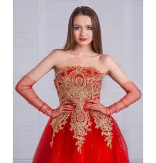 Uzun Boy Kırmızı Puantiyeli Kırmızı Renk Yetişkin Tül Eldiven 55 cm