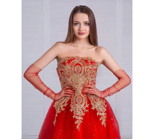 Uzun Boy Kırmızı Puantiyeli Kırmızı Renk Yetişkin Tül Eldiven 55 cm