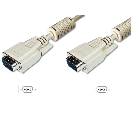 VGA Monitör Kablosu, DSUB 15 erkek <=> DSUB 15 erkek, 10 metre, CU, 3Coax/7C, AWG28, 2x ferrite filtreli, UL, bej renk