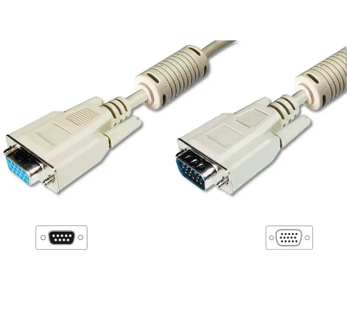 VGA Monitör Uzatma Kablosu, DSUB 15 erkek <=> DSUB 15 dişi, 3Coax/7C, 2 x ferrite filtre, AWG 28, 1.80 metre, bej renk