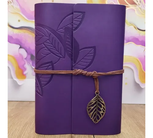Yaprak Desenli Çizgisiz Deri Defter Mor
