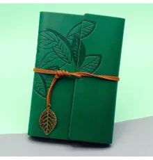 Yeşil Deri Kapaklı Yaprak Desenli Defter