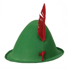 Yeşil Renk Kırmızı Tüylü Peter Pan Şapkası Robin Hood Şapkası 24X23 cm