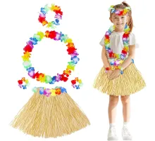 Yetişkin Çocuk Hawaii Parti Seti - 40 cm Naturel Etek + Çiçek Aksesuarlar (5 Parça)