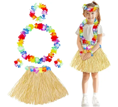 Yetişkin Çocuk Hawaii Parti Seti - 40 cm Naturel Etek + Çiçek Aksesuarlar (5 Parça)