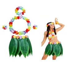 Yetişkin Hawaii Kostüm Seti - Yaprak Etek & Hawaii Set - 5 Parça