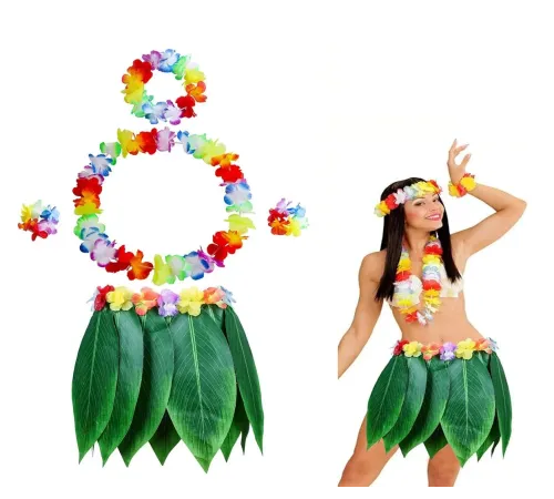 Yetişkin Hawaii Kostüm Seti - Yaprak Etek & Hawaii Set - 5 Parça
