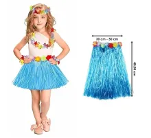 Yetişkin ve Çocuk Uyumlu Mavi Renk Püsküllü Hawaii Luau Hula Etek 40 cm