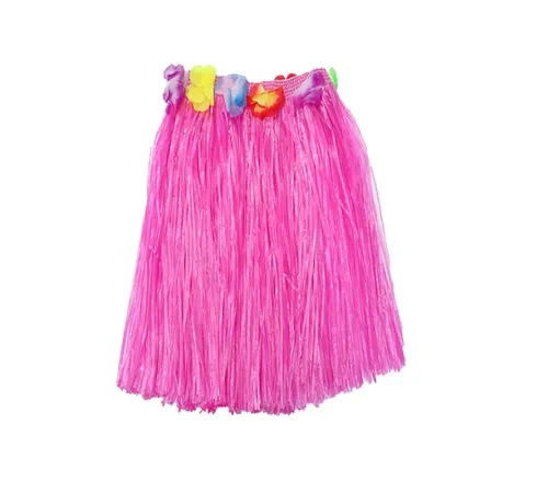 Yetişkin ve Çocuk Uyumlu Pembe Renk Püsküllü Hawaii Luau Hula Etek 40 cm