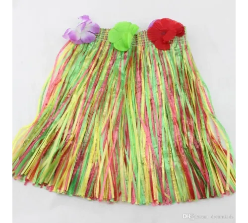 Yetişkin ve Çocuk Uyumlu Rengarenk Püsküllü Hawaii Luau Hula Etek 40 cm
