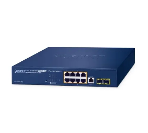 Yönetilebilir Ethernet Switch (Managed Ethernet Switch)<br>
8-Port 10/100/1000T 802.3bt PoE++ Injector Port (Port başına 60 watt) (PoE Güç Bütçesi maks. 180 Watt) (Port 1 ila 8 arası maksimum 95 watt)<br>
2-Port 100/1000X SFP