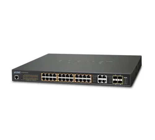 Yönetilebilir Gigabit PoE Switch (Gigabit PoE Managed Switch)<br>
24 x 10/100/1000Base-T IEEE 802.3 at/af/bt Ultra PoE Injector (Port 1 ile Port-24 arası) (Port başına 60 watt) (PoE Güç Bütçesi maks. 600 watt)<br>
4 x 100/1000BASE-X mini-GBIC/