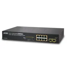 Yönetilebilir Gigabit PoE  Switch (Gigabit PoE Managed Switch)<br>
8-Port 10/100/1000T IEEE 802.3at/af PoE+ Injector (Port-1 ile Port-8 arası) (Port başına 30.8 watt) (PoE Güç Bütçesi maks. 120 Watt)<br>
2-Port 100/1000BASE-X mini-GBIC/SFP yuv