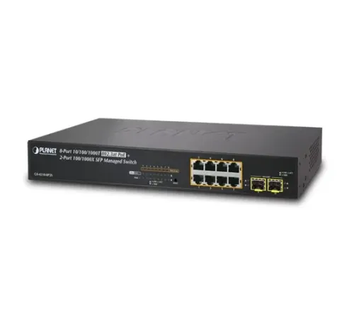 Yönetilebilir Gigabit PoE  Switch (Gigabit PoE Managed Switch)<br>
8-Port 10/100/1000T IEEE 802.3at/af PoE+ Injector (Port-1 ile Port-8 arası) (Port başına 30.8 watt) (PoE Güç Bütçesi maks. 120 Watt)<br>
2-Port 100/1000BASE-X mini-GBIC/SFP yuv