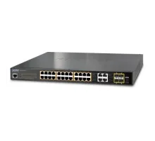 Yönetilebilir Gigabit PoE Switch (Managed Gigabit PoE Switch)<br>
24-Port 10/100/1000Base-T IEEE 802.3at/af PoE+ Injector (Port 1 ile Port-24 arası) (Port başına 30.8 watt) (PoE Güç Bütçesi maks. 430 Watt)<br>
4 x 100/1000Mbps SFP/mini-GBIC yu