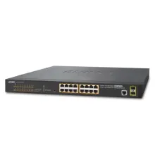 Yönetilebilir Gigabit Switch (Managed Gigabit Switch)<br>
16-Port 10/100/1000T 802.3at/af PoE+ Injector (Port başına 30.8 watt) (PoE Güç Bütçesi maks. 220 watt)<br>
2-Port 100/1000BASE-X mini-GBIC/SFP yuva<br>
1 x Konsol port