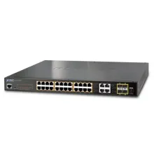 Yönetilebilir Gigabit Switch (Managed Gigabit Switch)<br>
24-Port 10/100/1000Base-T IEEE 802.3at/af PoE+ Injector (Port 1 ile Port-24 arası) (Port başına 30.8 watt) (PoE Güç Bütçesi maks. 280 Watt)<br>
4 x 100/1000Mbps SFP/mini-GBIC yuva (Port