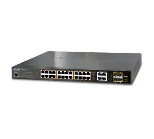Yönetilebilir Gigabit Switch (Managed Gigabit Switch)<br>
24-Port 10/100/1000Base-T IEEE 802.3at/af PoE+ Injector (Port 1 ile Port-24 arası) (Port başına 30.8 watt) (PoE Güç Bütçesi maks. 280 Watt)<br>
4 x 100/1000Mbps SFP/mini-GBIC yuva (Port