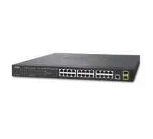 Yönetilebilir Gigabit Switch (Managed Gigabit Switch)<br>
24-port 10/100/1000Base-T<br>
2 x 100/1000BASE-X mini-GBIC/SFP yuva<br>
1 x Konsol port<br>
Reset düğmesi (sistem fabrika ayarlarına dönmek için)