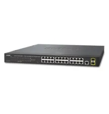Yönetilebilir Gigabit Switch (Managed Gigabit Switch)<br>
24-port 10/100/1000Base-T<br>
2 x 100/1000BASE-X mini-GBIC/SFP yuva<br>
1 x Konsol port<br>
Reset düğmesi (sistem fabrika ayarlarına dönmek için)