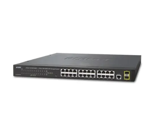 Yönetilebilir Gigabit Switch (Managed Gigabit Switch)<br>
24-port 10/100/1000Base-T<br>
2 x 100/1000BASE-X mini-GBIC/SFP yuva<br>
1 x Konsol port<br>
Reset düğmesi (sistem fabrika ayarlarına dönmek için)