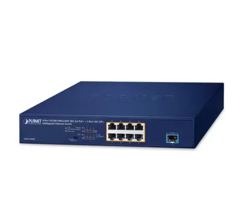 Yönetilemeyen Gigabit PoE Switch (Unmanaged Gigabit PoE Switch)<br>
8-Port 10/100/1000/2500T 802.3at PoE+ (Port başına 32 watt) (PoE Güç Bütçesi maks. 120 Watt)<br>
1-Port 10GBASE-X SFP+ yuva