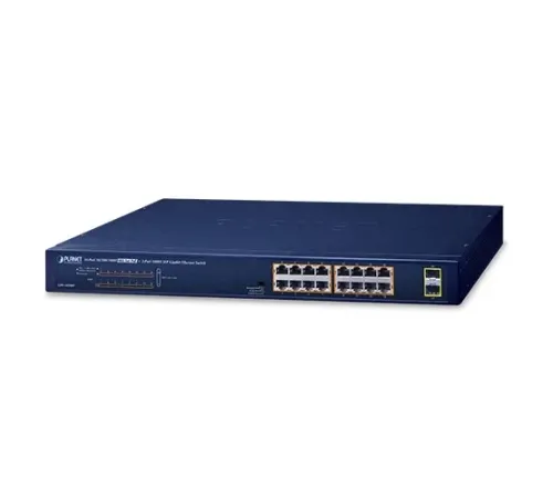 Yönetilemeyen Masaüstü Tip Switch (Unmanaged Desktop Switch)<br>
16-Port 10/100/1000T IEEE 802.3at/af PoE+ Injector (Port başına 30.8 watt) (PoE Güç Bütçesi maks. 240 watt)<br>
2-Port 1000X SFP