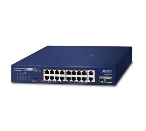Yönetilemeyen Masaüstü Tip Switch (Unmanaged Desktop Switch)<br>
16-Port 10/100/1000T 802.3at/af PoE+  (Port başına 30.8 watt) (Port-1 ile Port-16 arası) (PoE Güç Bütçesi maks. 185 Watt)<br>
2-Port 10/100/1000T<br>
2-Port 1000X SFP