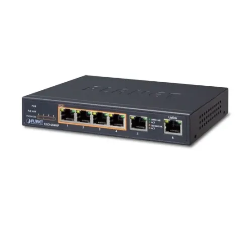 Yönetilemeyen Masaüstü Tip Switch (Unmanaged Desktop Switch)<br>4-port 10/100/1000T IEEE 802.3at/af PoE+ injector (Port başına 30 watt) (PoE Güç Bütçesi maks. 55 Watt)<br> 2-port 10/100/