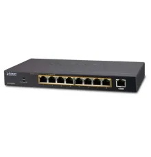 Yönetilemeyen Masaüstü Tip Switch (Unmanaged Desktop Switch)<br>
8-Port 10/100/1000T 802.3at/af PoE+ Injector (Port başına 30.8 watt) (PoE Güç Bütçesi maks. 100 watt)<br>
1-Port 10/100/1000T